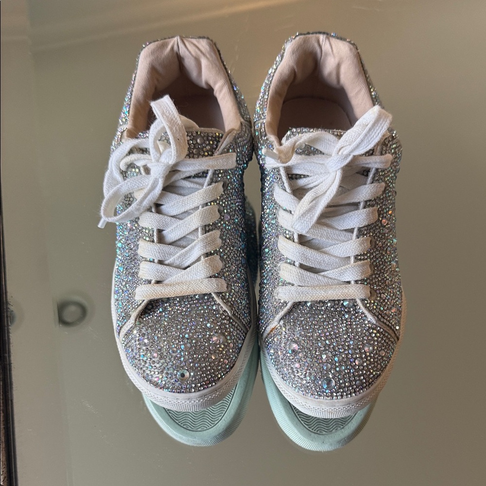 Betsey Johnson Glittering Silver Sidny Crystal Sneakers Size 3 (shoes run small)